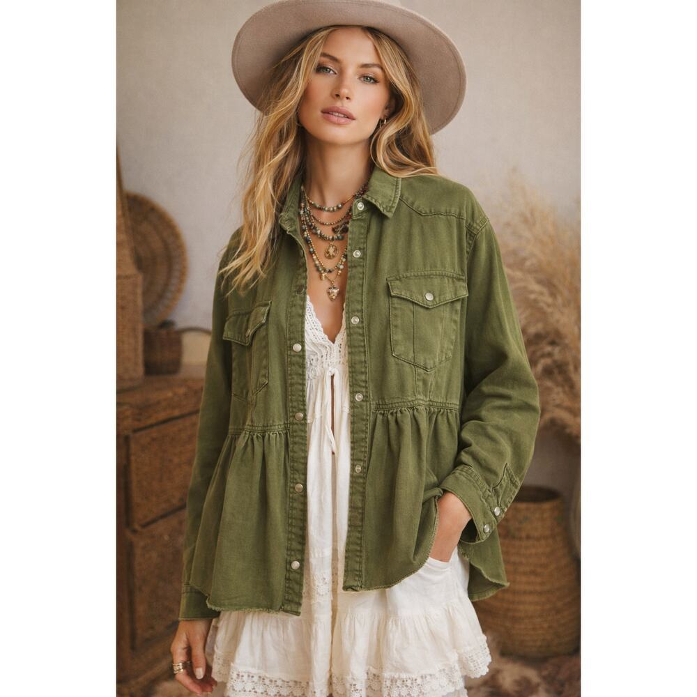 We The Free “Dylan” Peplum Jacket – Olive Green XS Oversized Pearl Snap Buttons